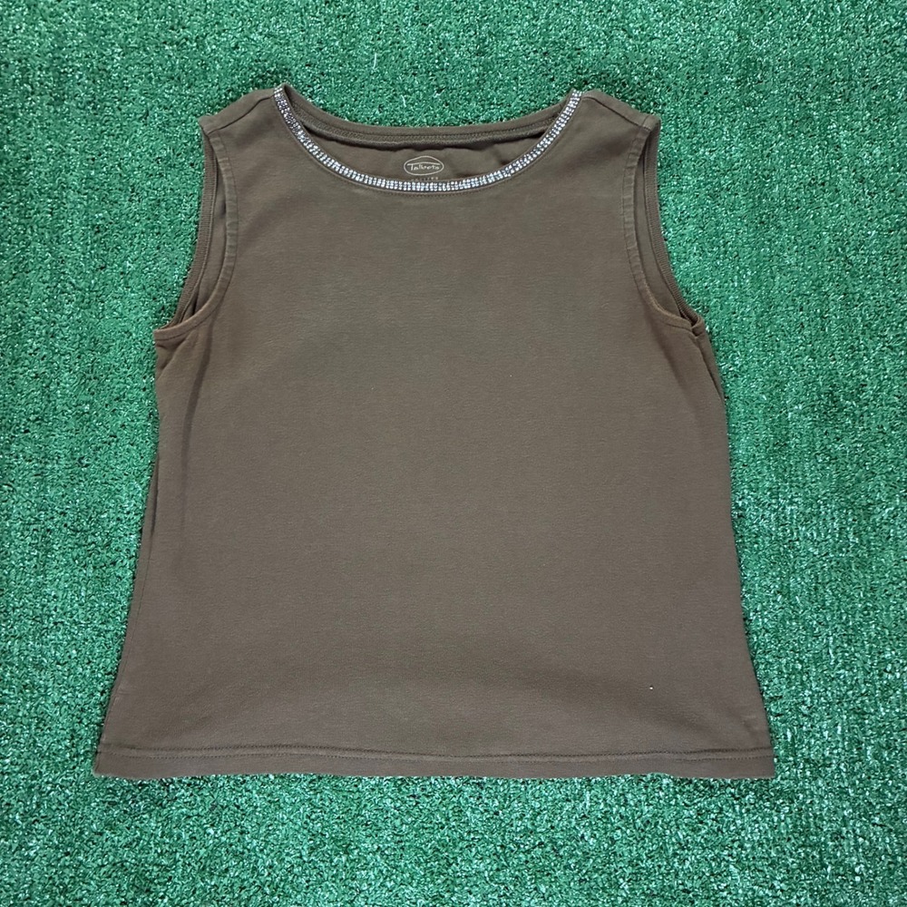 Y2K Talbots Petite Sleeveless Top Brown Beaded Neckline Tank